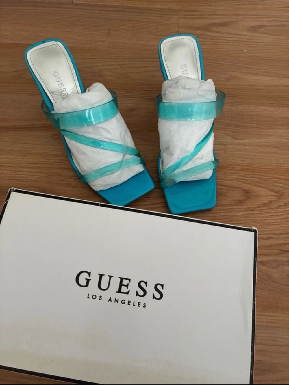 GUESS Turquoise Strappy Square-Toe Slide Sandals